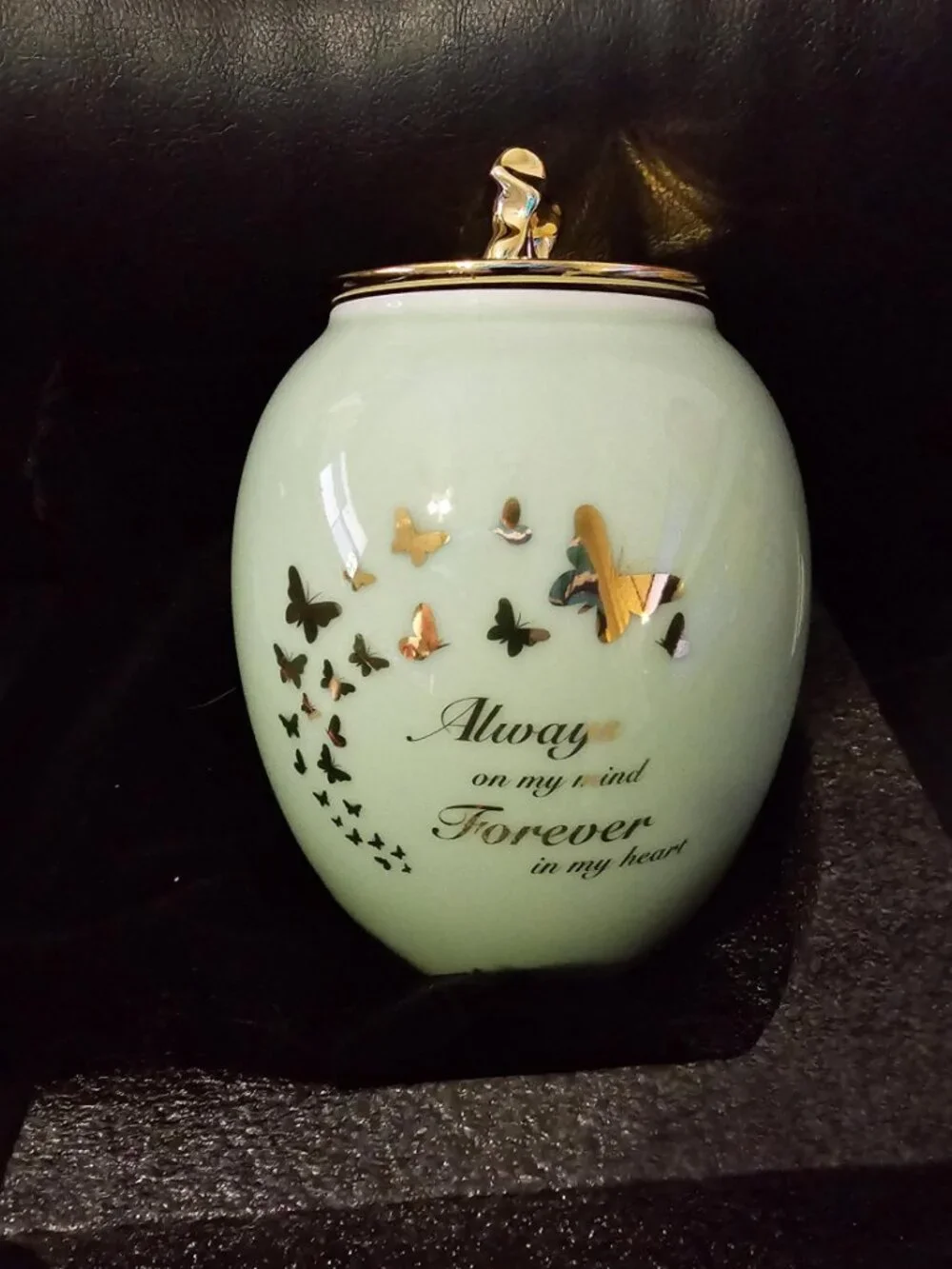 Decorative Mint Green Ceramic Keepsake Urn with Gold Butterfly Accent